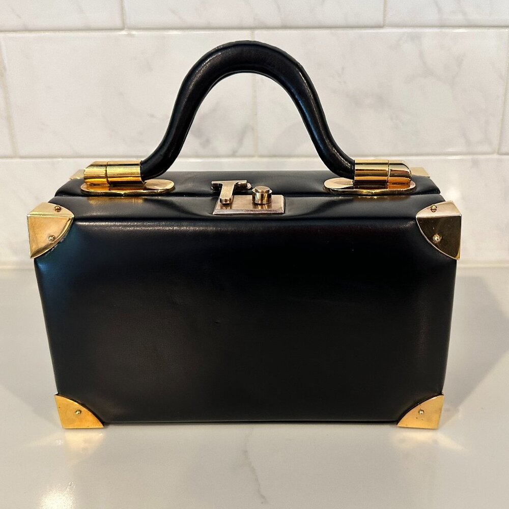 Vintage Judith Leiber Black Leather Box Handbag